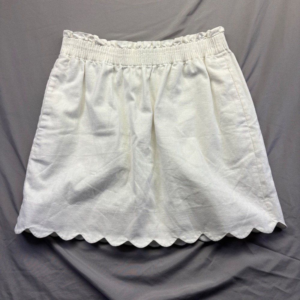 J.Crew White Linen Cotton Scalloped‎ Hem Mini Skirt Size 6 Elastic Waist Pockets